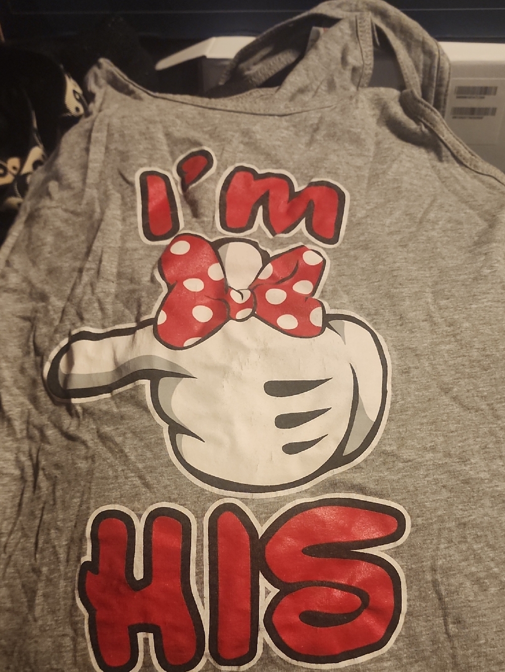 Minnie Mouse Themed "Im His" Gray Graphic Tank Top with Red Polka Dot Accent